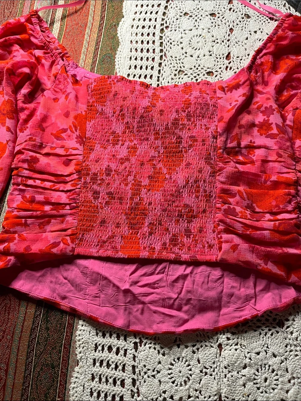 Free People Pink Org. combo Floral Puff-Sleeve Crop Top L-S OB1618481 brand/styl